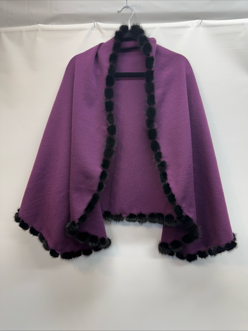 La Fiorentina Wool Wrap Shawl Poncho Mink Fur Pom-Pom Trim Deep Purple Plum Luxe
